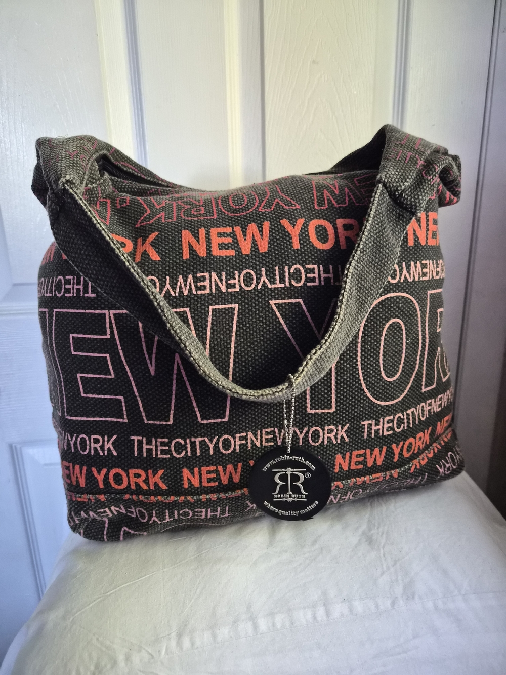 Robin Ruth Black Canvas Tote with Coral New York Print - Picture 2 of 4